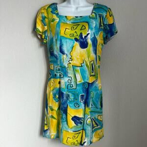 Vintage 90s Jessica Howard Yellow and Blue Abstract Mini Dress
